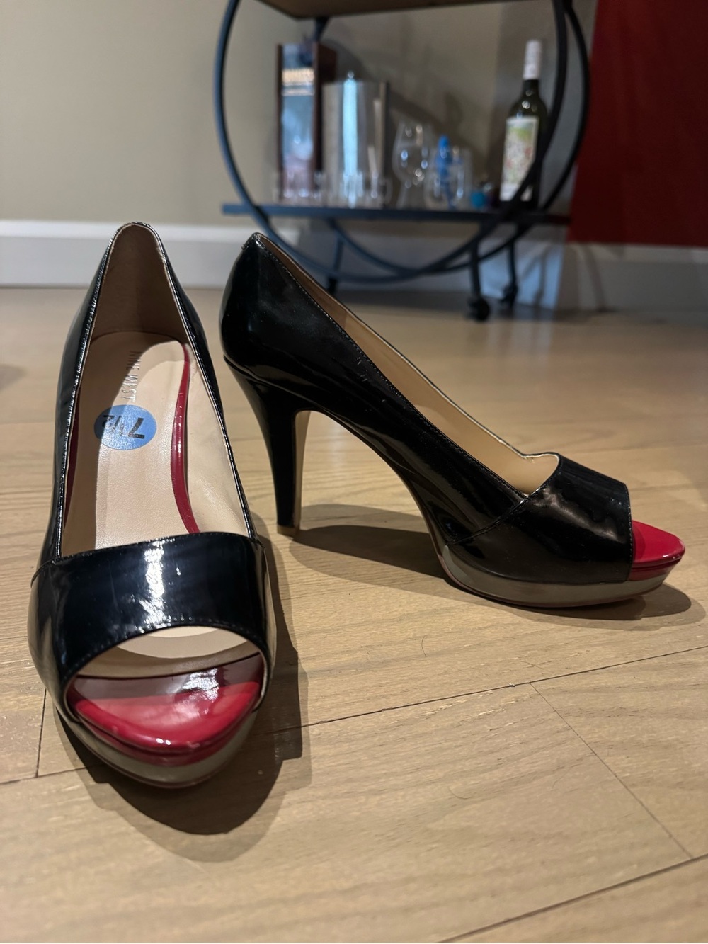 Nine West Black Patent Peep-Toe Pumps with Red Accent